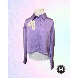 "Stradivarius" Long Sleeve Classic Collared Lavender Cropped Blouse Size M NWT